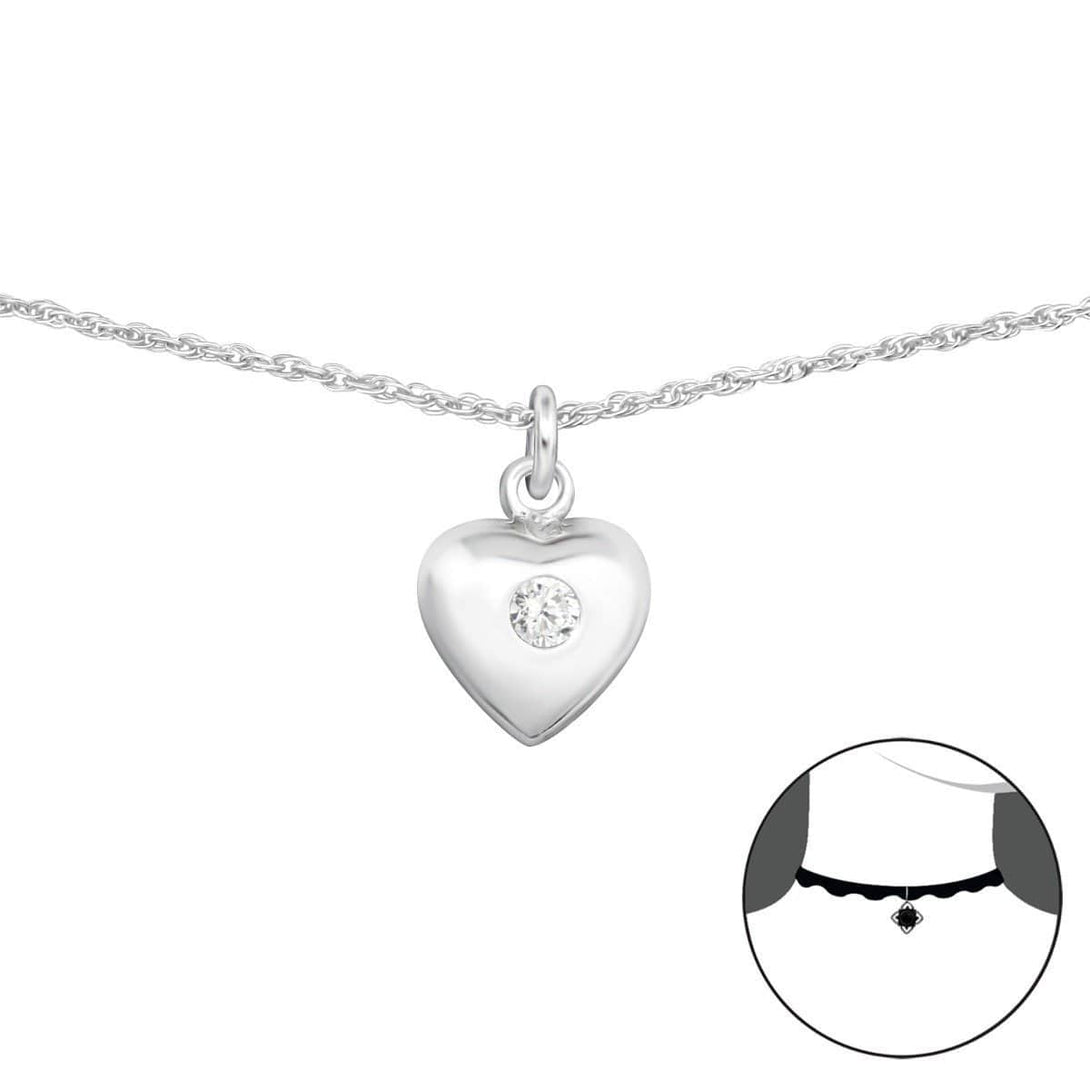 Silver Heart Choker with Clear Gemstone
