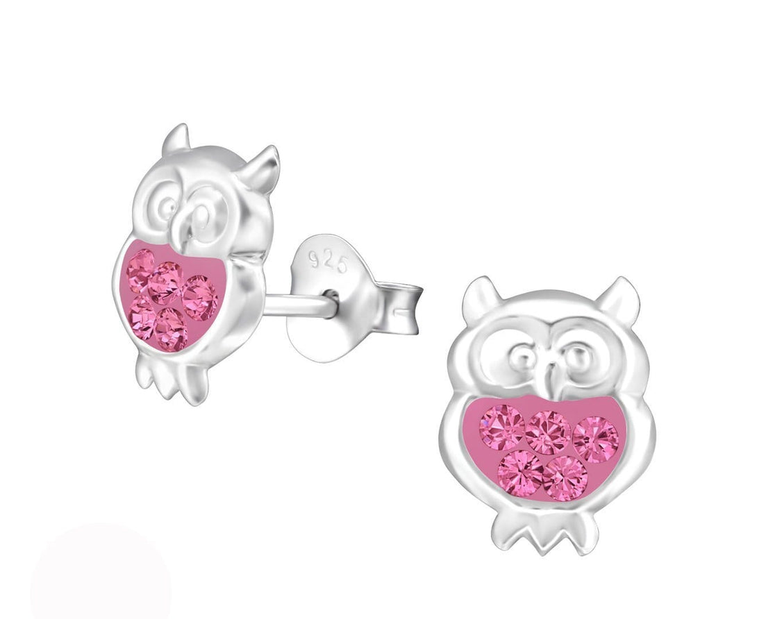 Sterling Silver Kids Owl Stud Earrings Made With Swarovski Crystal-Rose