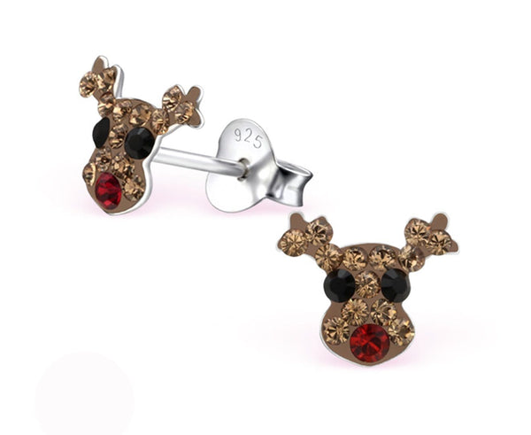 Sterling Silver Kids Reindeer Stud Earrings Made With Swarovski Crystal