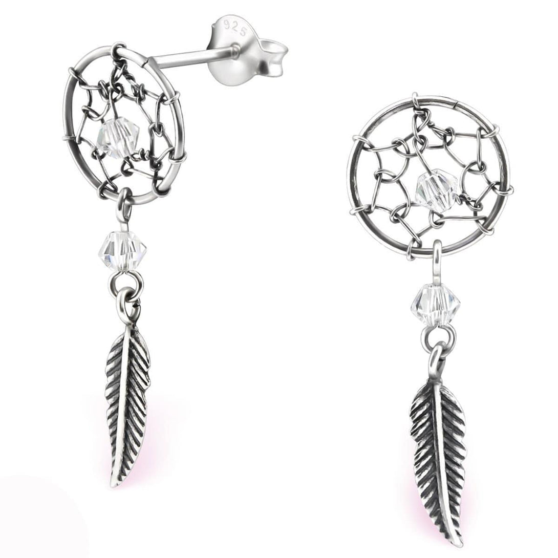 Sterling Silver Hanging Feather Stud Earrings Made With Swarovski Crystal