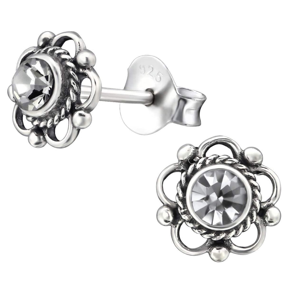 Sterling Silver Black Diamond Flower Stud earrings Made With Swarovski Crystal