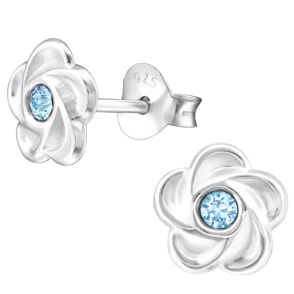 Sterling Silver Aquamarine Flower Stud earrings Made With Swarovski Crystal