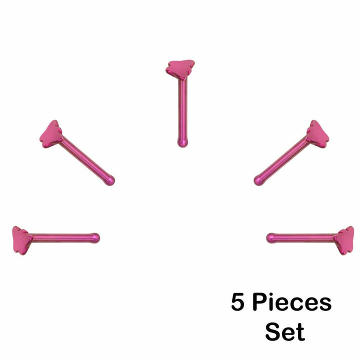 5 X Pink Butterfly Steel Nose Studs with Ball End