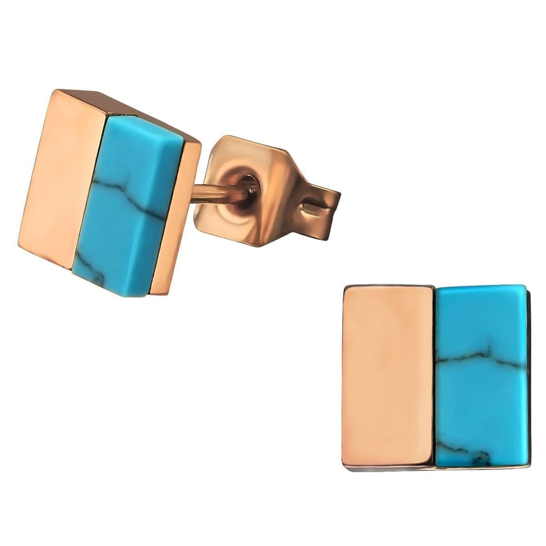 Stainless Steel Square Turquoise Rose Gold Stud Earrings