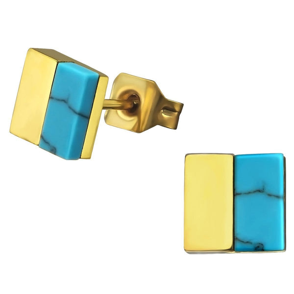Surgical Steel Square Turquoise Gold Stud Earrings
