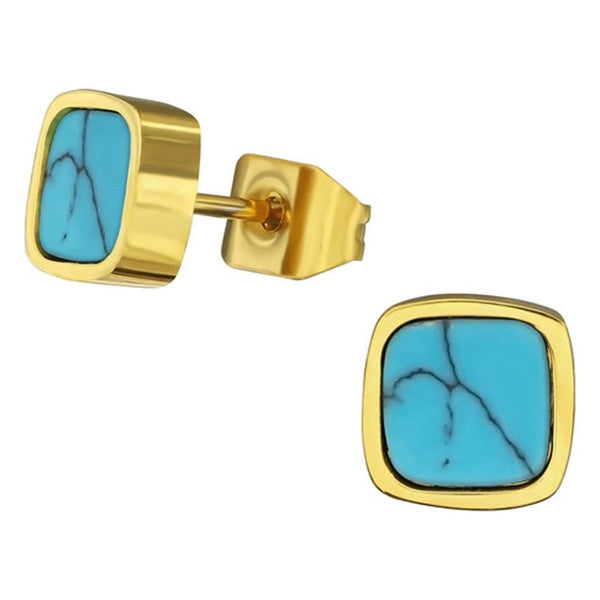 Stainless Steel Square Turquoise Gold Stud Earrings