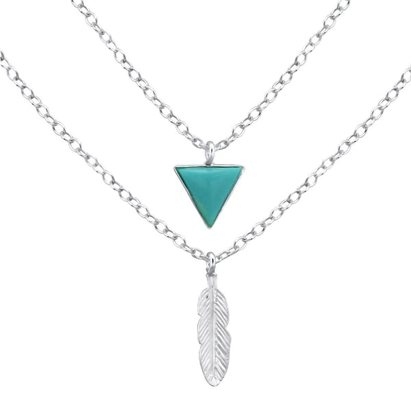Silver Triangle and Feather Layered Turquoise Necklace