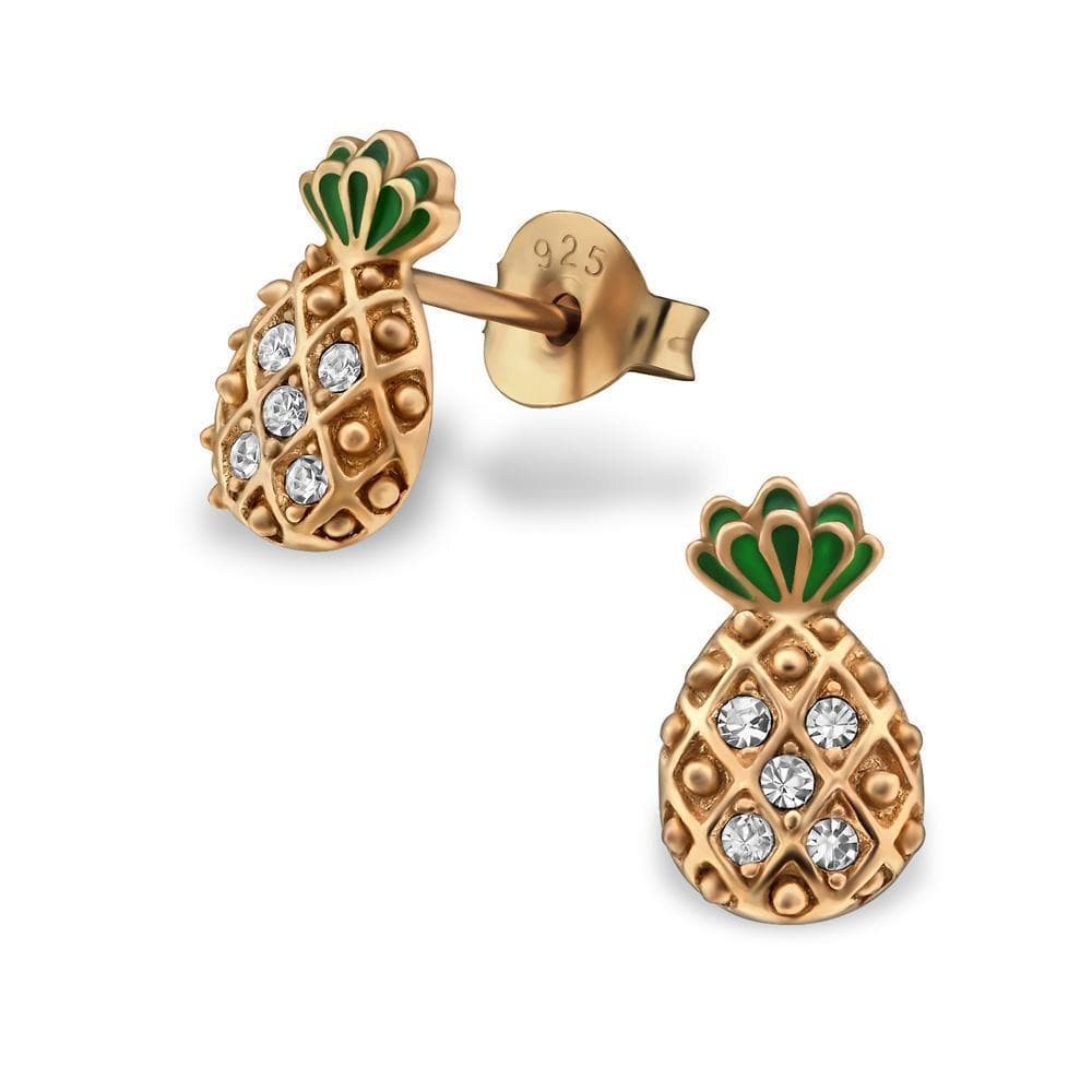 Crystal Encrusted Green and Rose Gold Pineapple Earrings