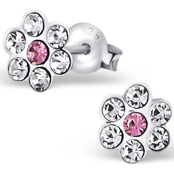 Children's Silver Flower Ear Studs With Crystals