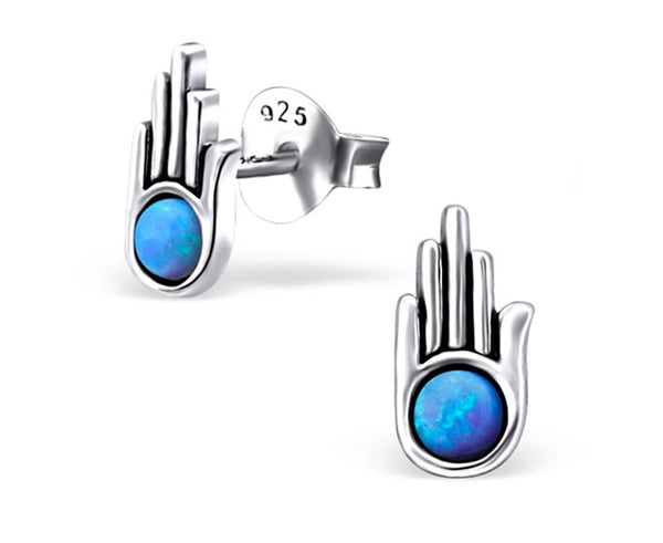 Silver Hamsa Stud Earrings With Opals Azure