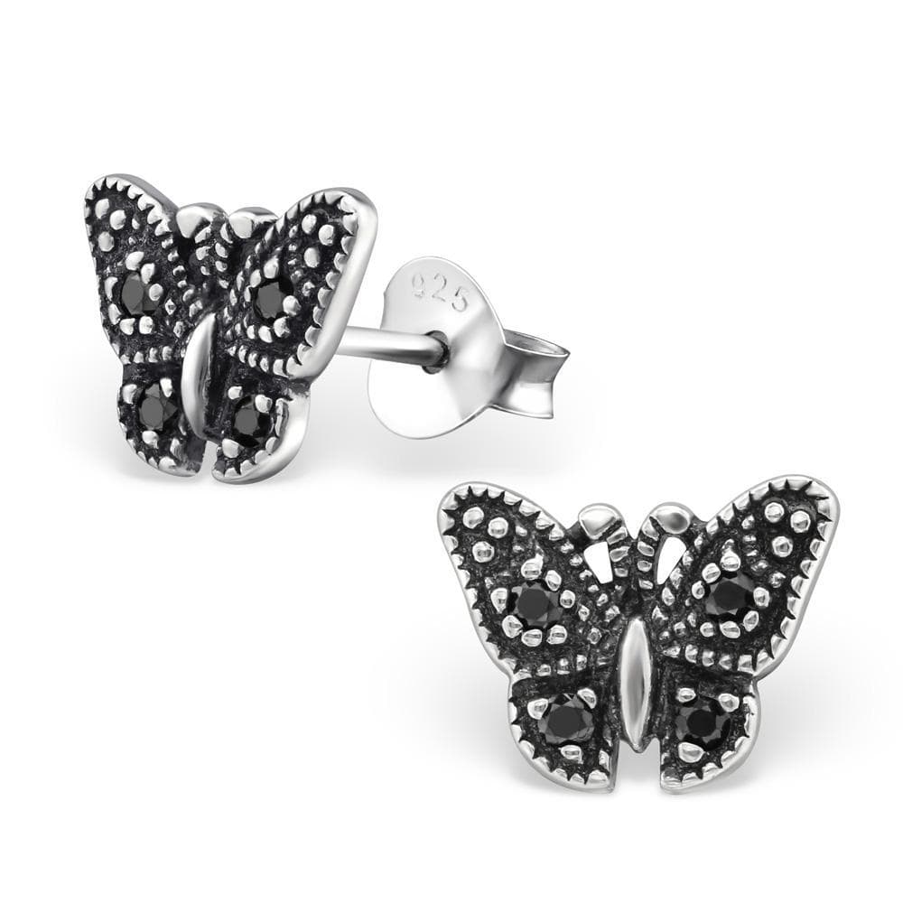 Silver Butterfly Earrings With Crystals-Black