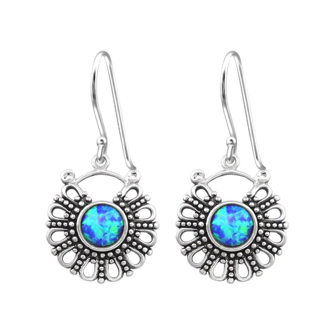 Silver Bali Opal Earrings-Blue