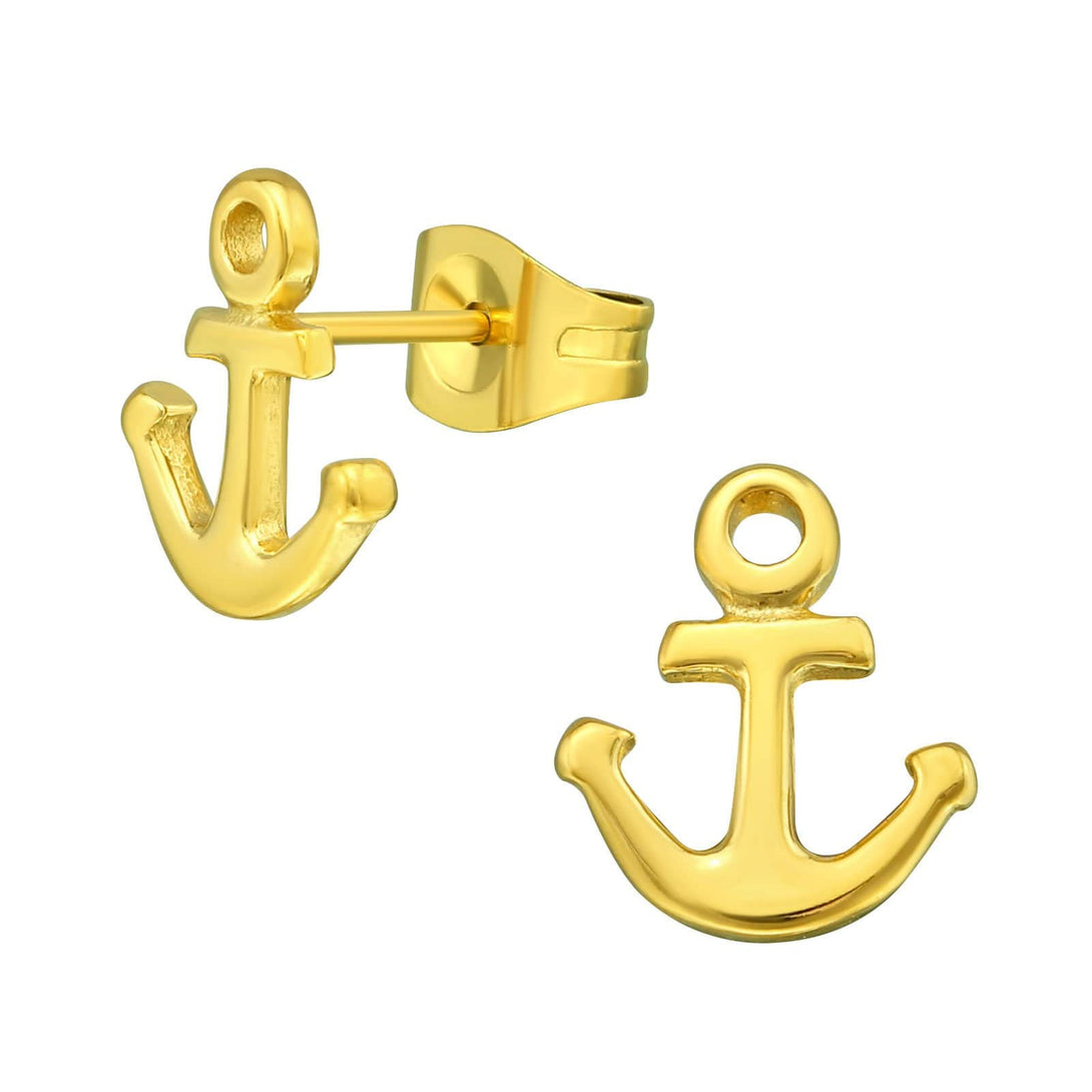 Gold Steel Anchor Stud Earrings