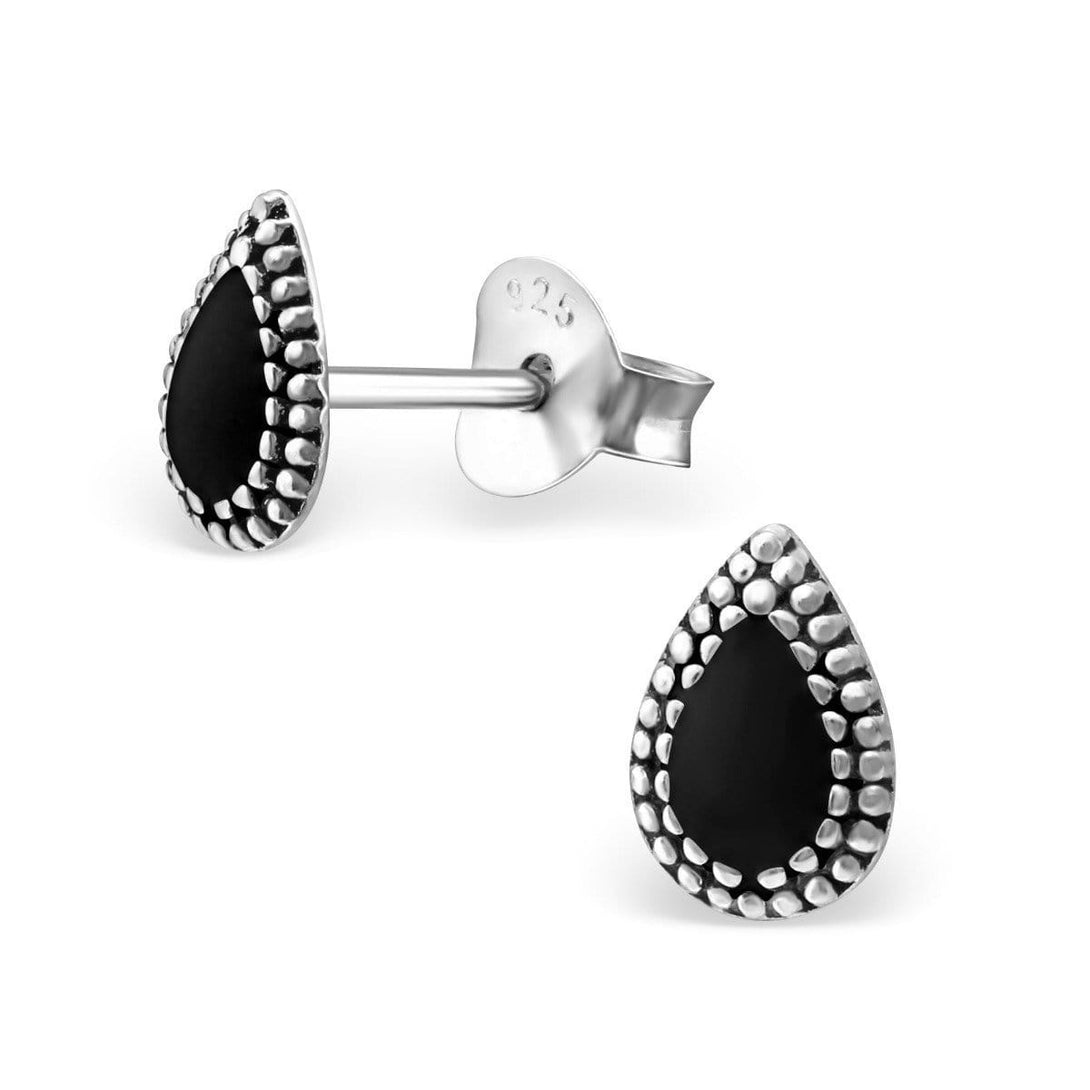 Silver Teardrop Stud Earrings Black