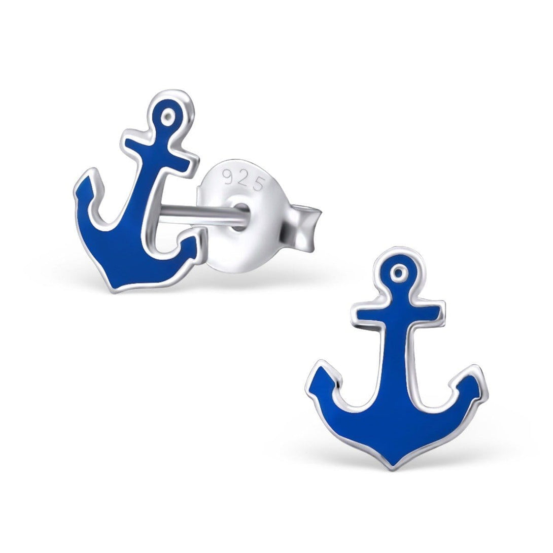 Children's Sterling Silver Anchor Ear Studs-Blue