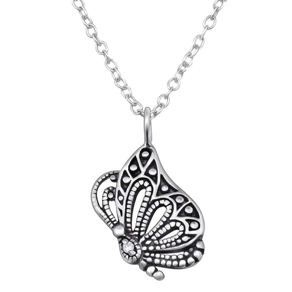 Butterfly Silver Necklace Oxidised -Black Spinel