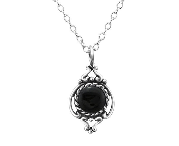 Antique Silver Necklace Genuine Black Onyx Pendant