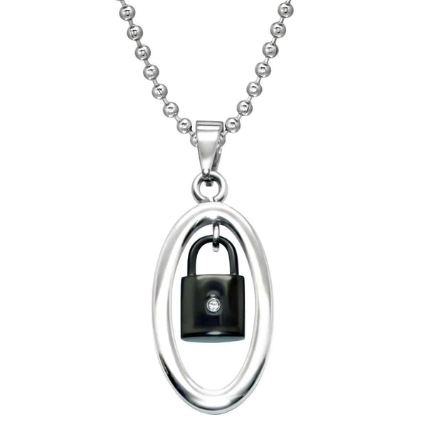 Stainless Steel CZ Lock Pendant Necklace