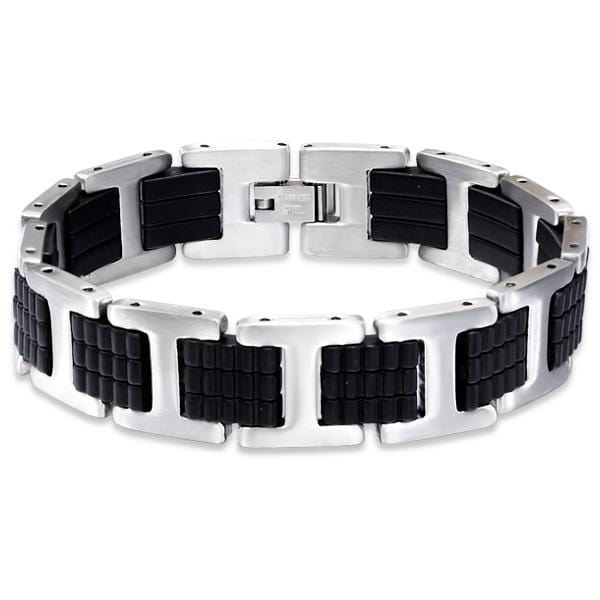 Two Tone Black and Silver Steel Cuff Bracelet for Men 21 CM