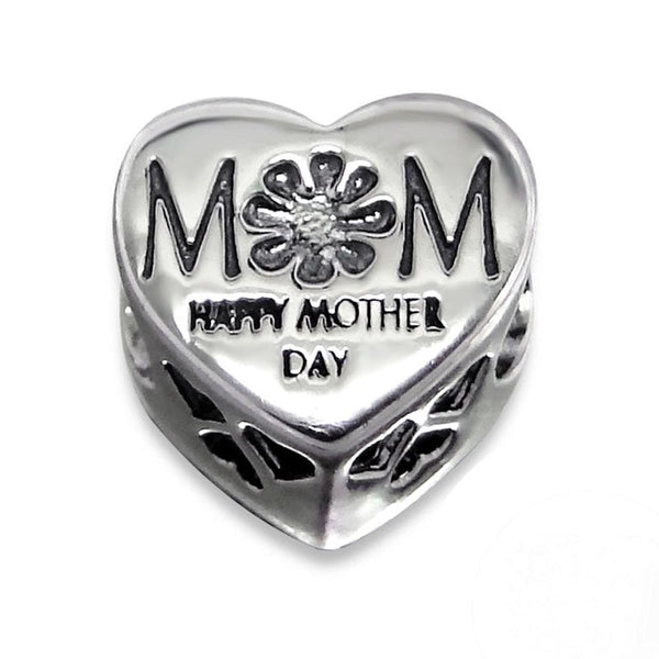 Sterling Silver Heart Mom Jeweled Bead