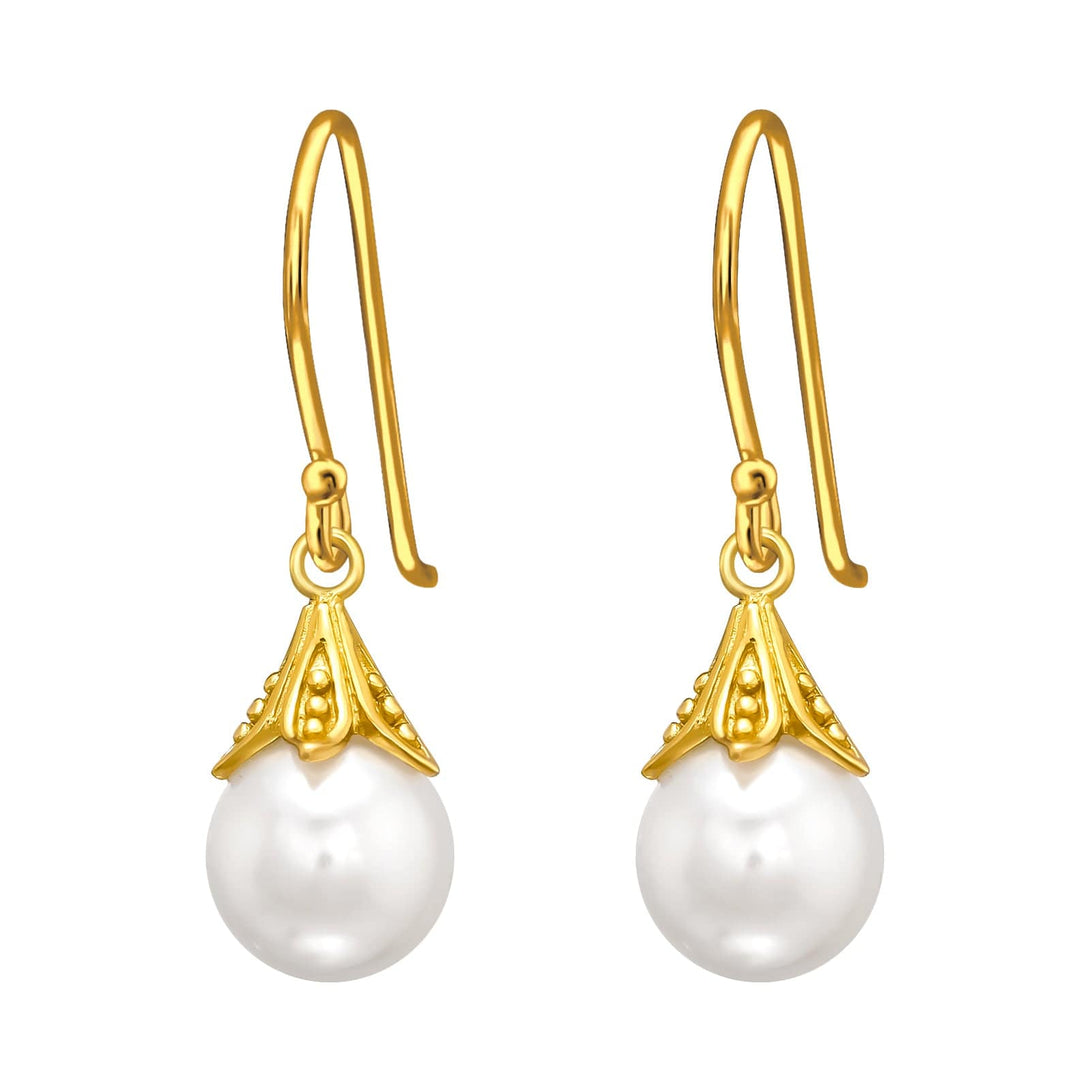 Gold White Pearl Round Earrings