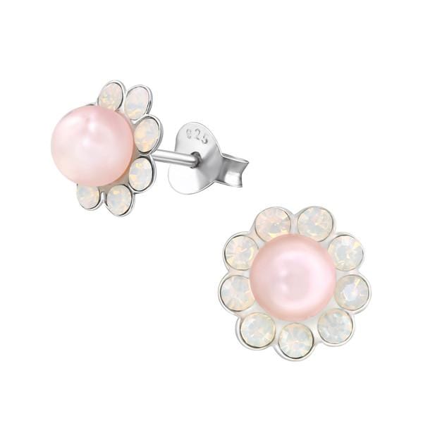 Pearl Crystal Flower Stud Earrings