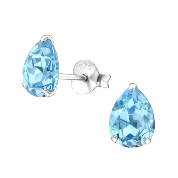 Silver Aquamarine Pear Stud Earrings with Swarovski Crystal