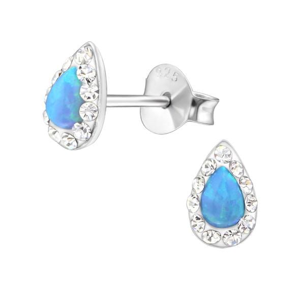 Silver Blue Pear Opal Stud Earrings