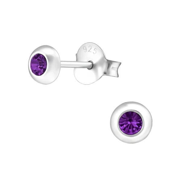 Silver Amethyst Round Stud Earrings With Swarovski Crystal