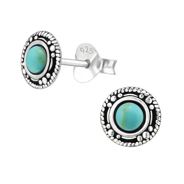 Sterling Silver Round Ear Studs Green Turquoise