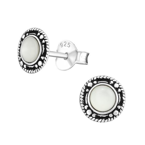 Sterling Silver Round Ear Studs White Shell