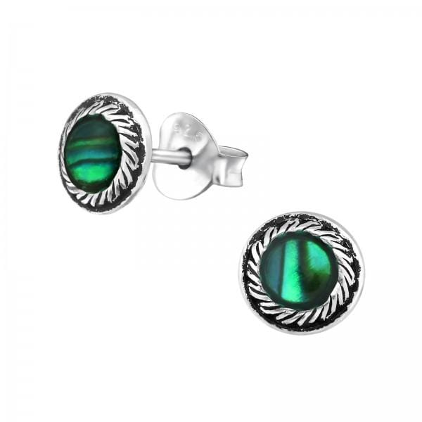 Silver Green Round Stud Earrings