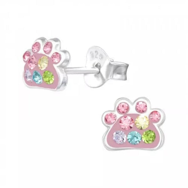 Children's Silver Crystal Paw Print Stud Earrings
