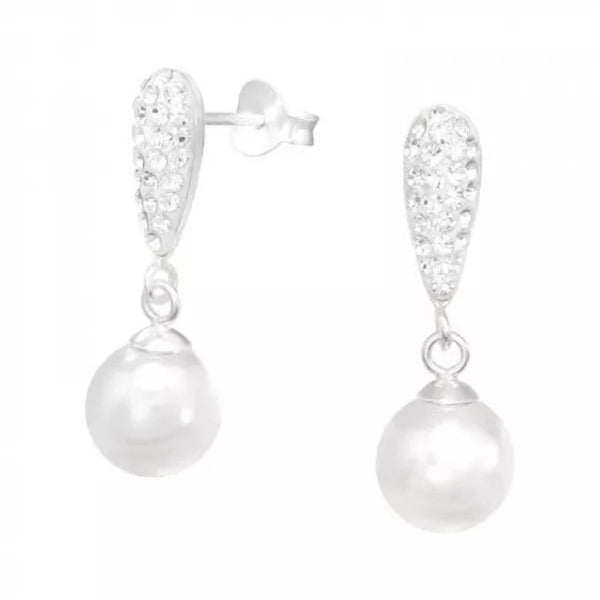 Silver Geometric Hanging Pearl Stud Earrings