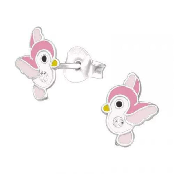 Kids Silver Bird Stud Earrings with Crystal and Epoxy