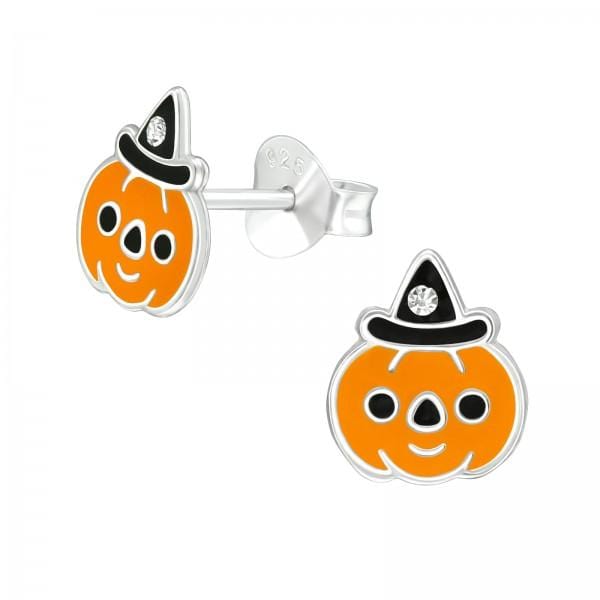 Kids Silver Crystal Pumpkin Stud Earrings