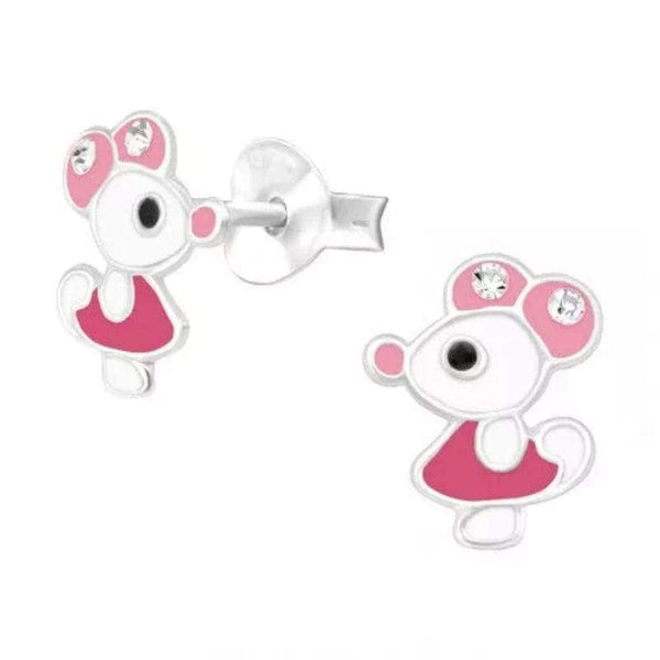 Kids Silver Mouse Stud Earrings with Crystal and Epoxy