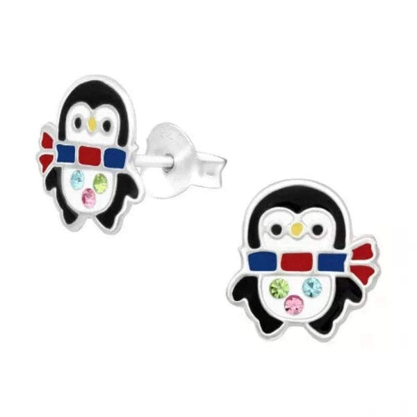 Kids Silver Penguin Stud Earrings with Crystal and Epoxy