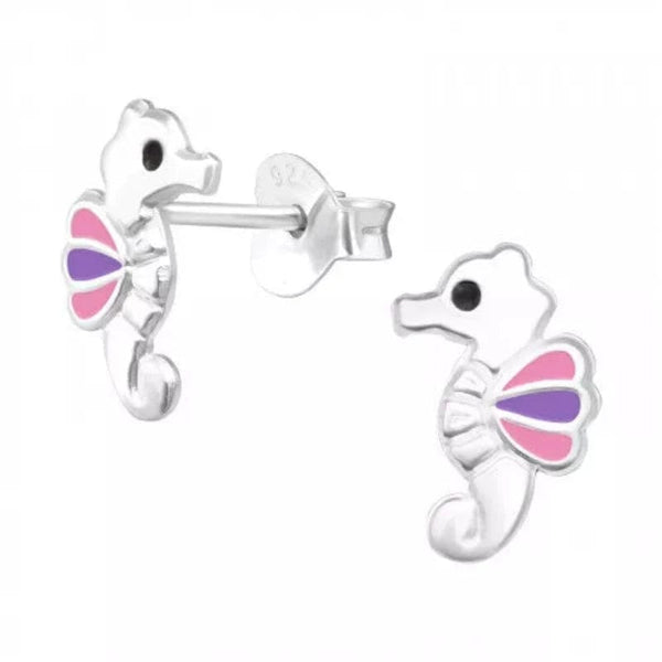 Children's Silver Seahorse Stud Earrings with Epoxy