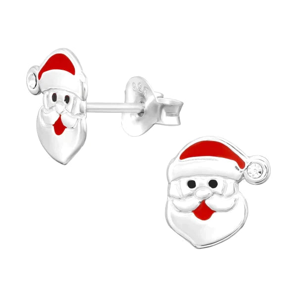 Children's Silver Santa Claus  Stud Earrings with Crystal and Epoxy