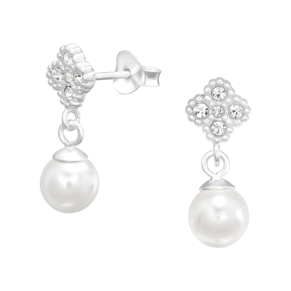 Silver Pearl Hanging Flower Stud Earrings