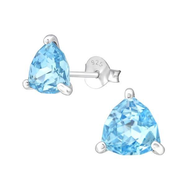 Aquamarine Silver Triangle  Stud Earrings with Swarovksi Crystal