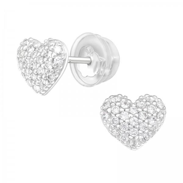 Kids Silver Cubic Zirconia Heart Stud Earrings