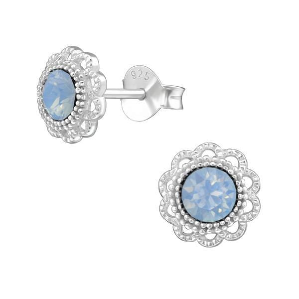 Silver Flower Air Blue Opal Stud Earrings