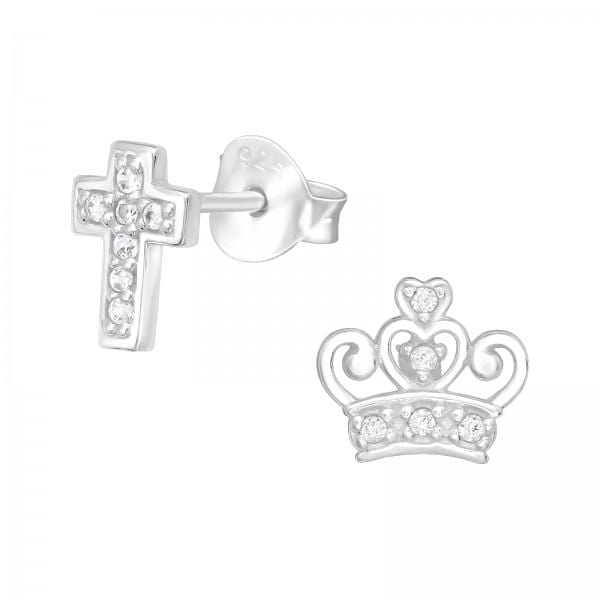 Silver Cross and Crown Stud Earrings