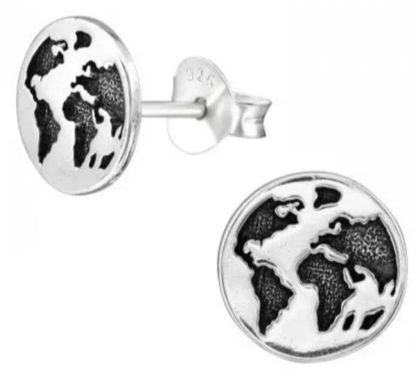 Silver World Map Stud Earrings