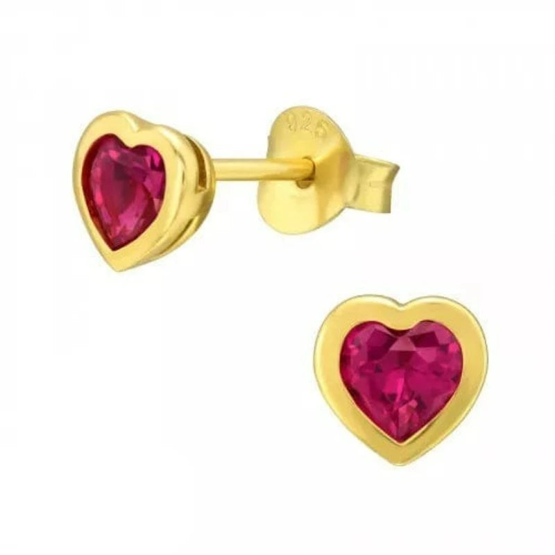 Silver Gold Heart Geniune Ruby Red Stone Stud Earrings
