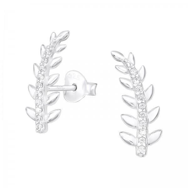 Silver CZ Crystal Leaf Stud Earrings