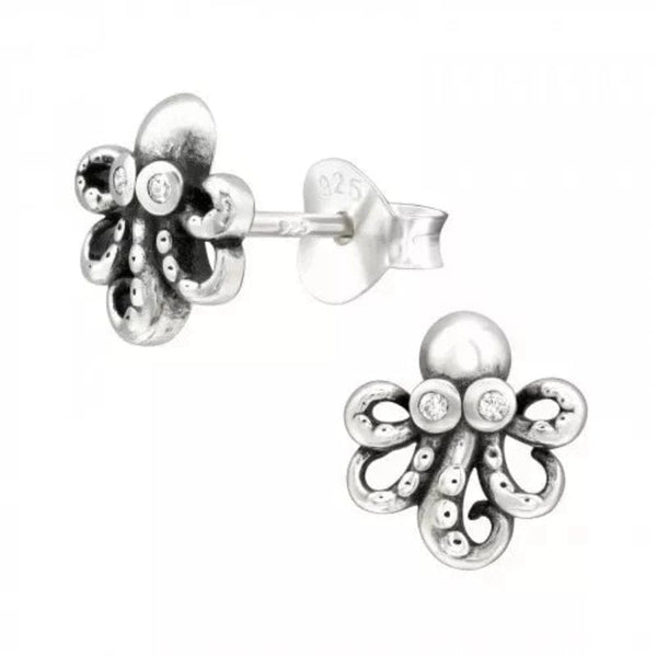 Silver Cubic Zirconia Octopus Stud Earrings