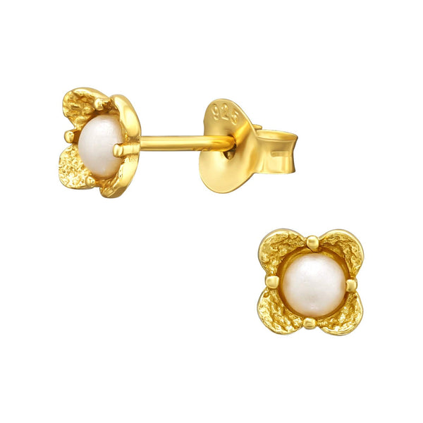 Gold White Pearl Flower Stud Earrings